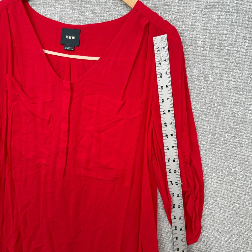Maeve Red Blouse 3/4 Roll Tab Sleeve Pockets V-Neck Casual Top Sz‎ M Y2K Relaxed - Picture 5 of 10